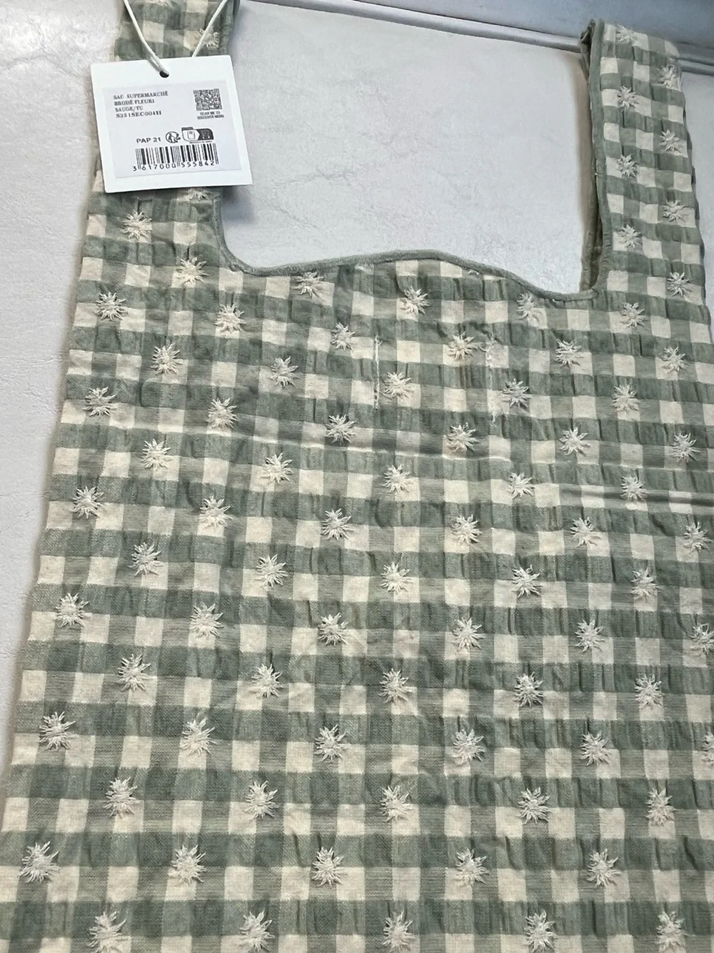 NWT Sezane Sage Green and White Gingham Embroidered Tote